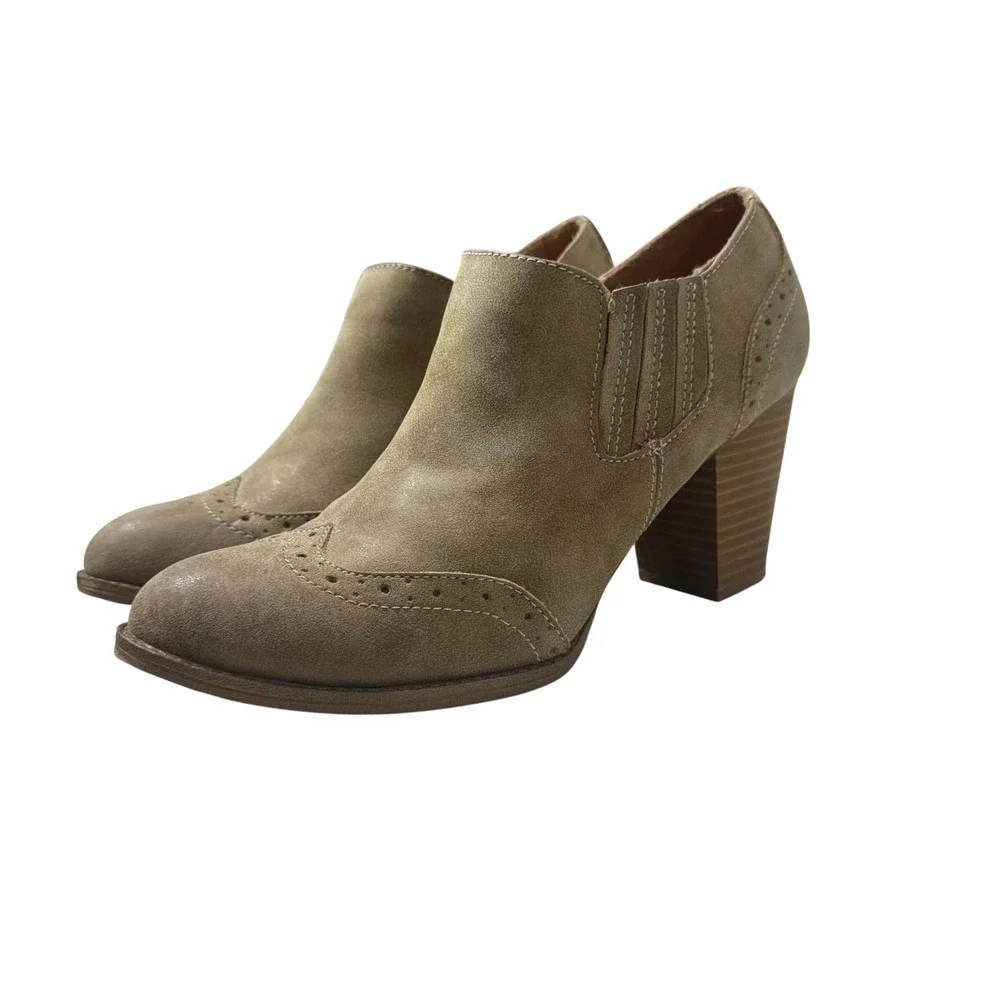Eurosoft Ankle Boots Womens 8.5M Tan Fair Brogue Wingtip Stacked Heel Booties